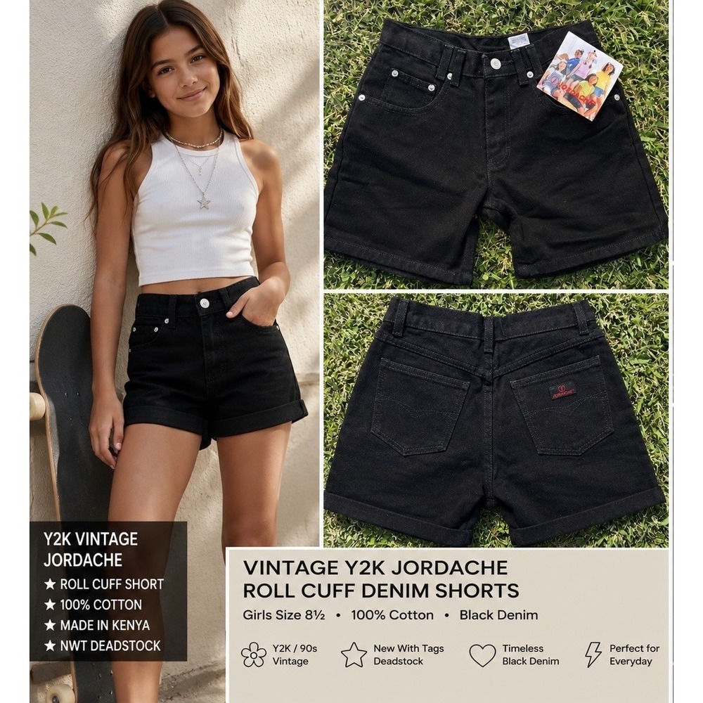 VTG Y2K Jordache Black Denim Roll Cuff Shorts Girls 8½ NWT Deadstock 90s Cotton